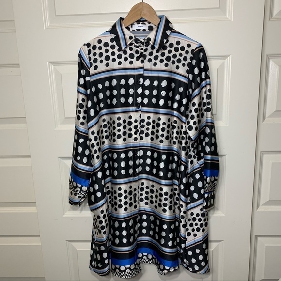 UCHUU italian lagen look neutral flowy dots button down satiny tunic blouse M/L - Picture 10 of 12